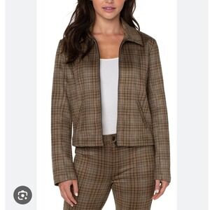 Liverpool Los Angeles M Full Zip Front Collared Jacket Plaid‎ Sage Grey NWT